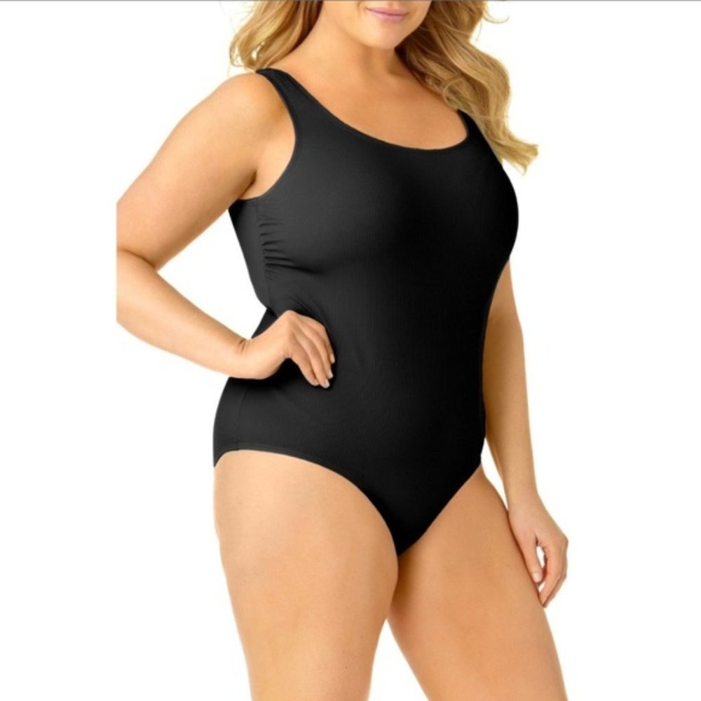 Catalina Basic Black Ribbed One Piece Swimsuit XL